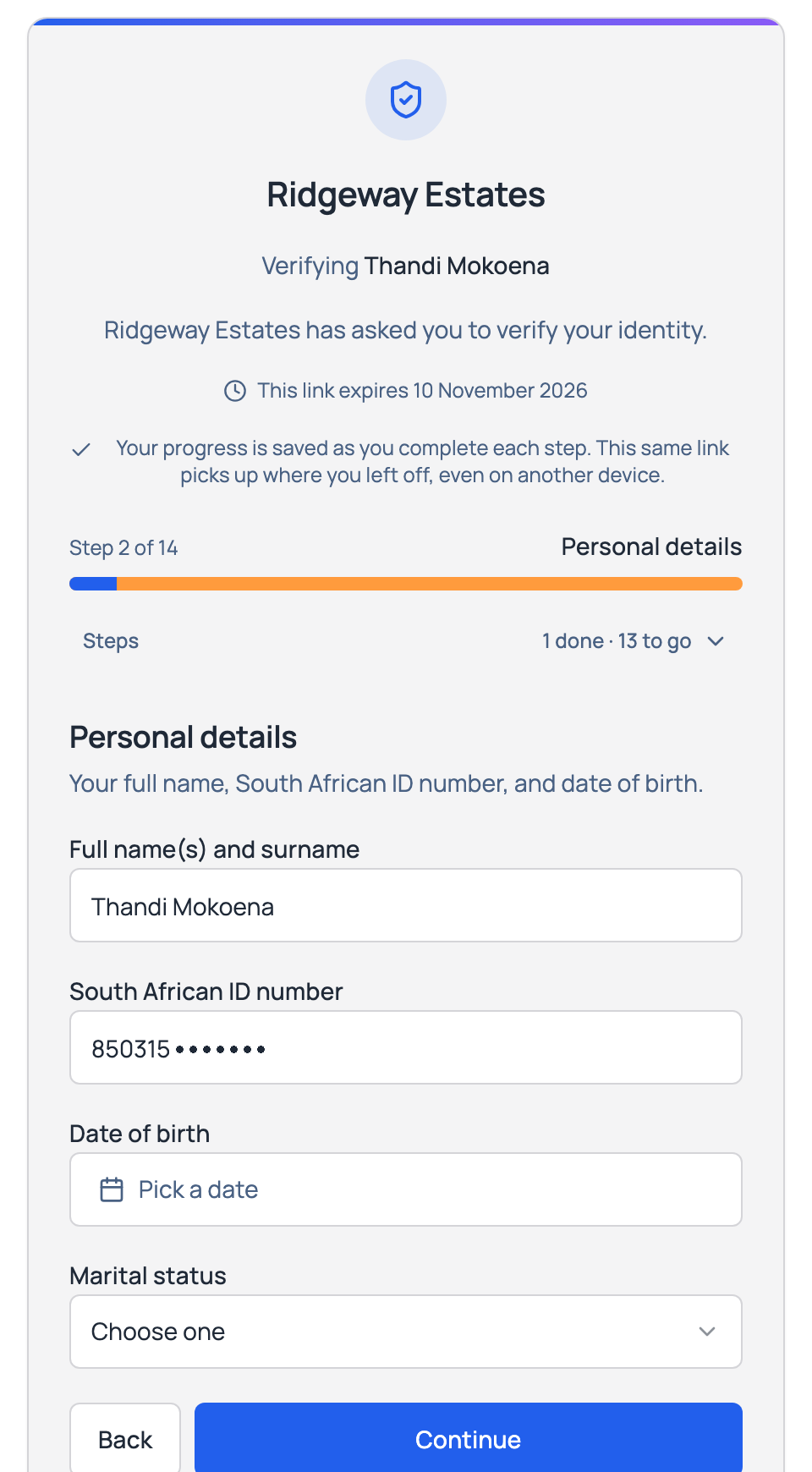 The page a client sees on their PremHQ link, at the personal details step, with their name and ID number filled in.