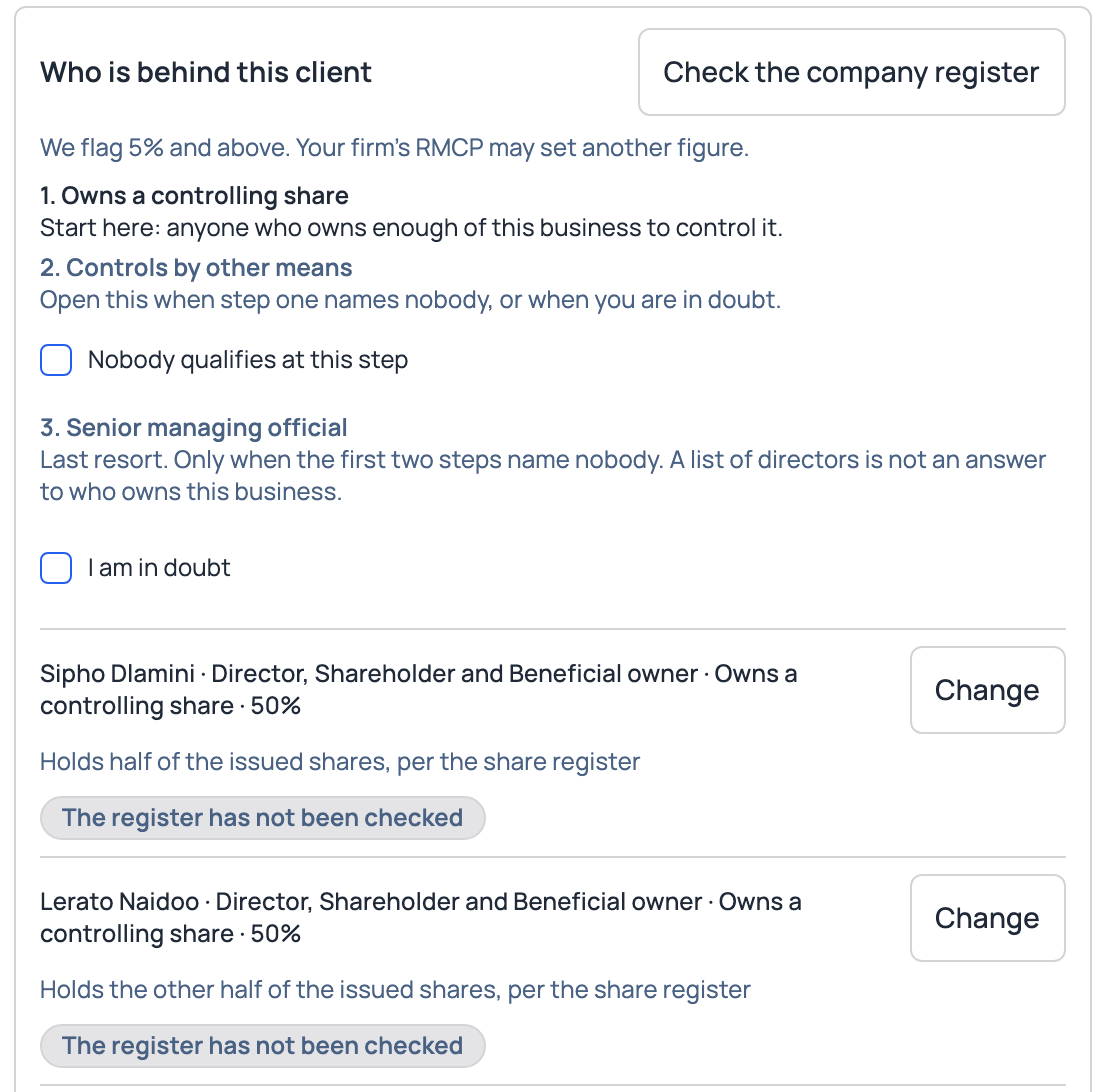 The PremHQ "Who is behind this client" panel, showing the three steps in order and two owners recorded with their share and reason.